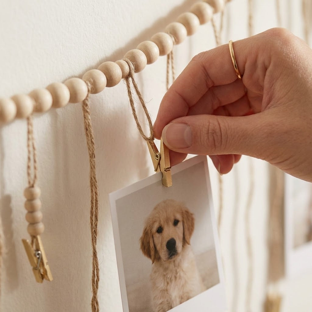 Beaded Rope Hanging Photo Display with Clips