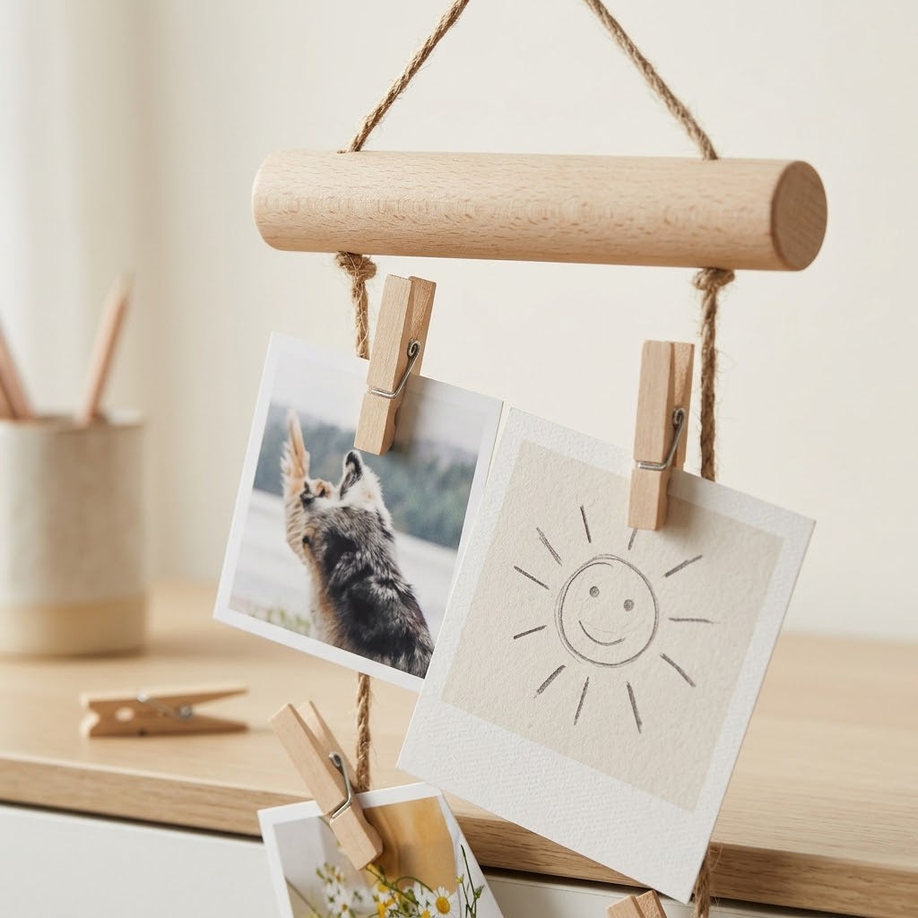 Wood & Rope Hanging Photo Clip Display