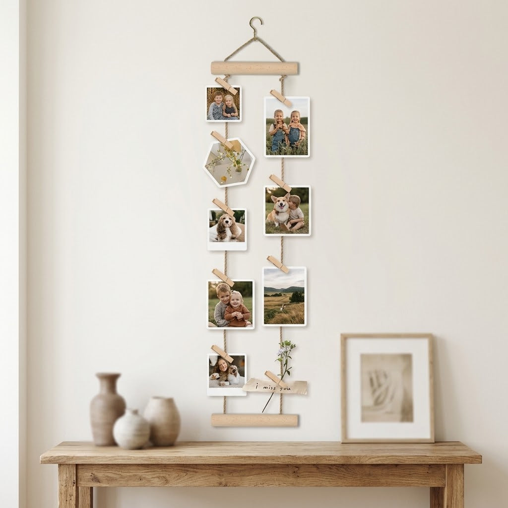 Wood & Rope Hanging Photo Clip Display