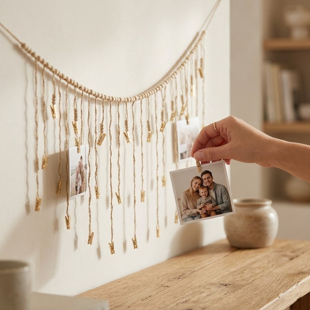 Beaded Rope Hanging Photo Display with Clips